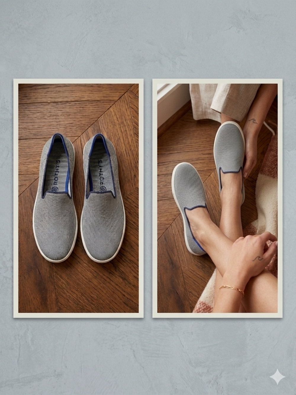 Rothy's Slip-On Flats in Heather Gray with Navy Trim